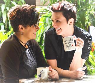 lesbian photo shoot: tinder couple with coffee